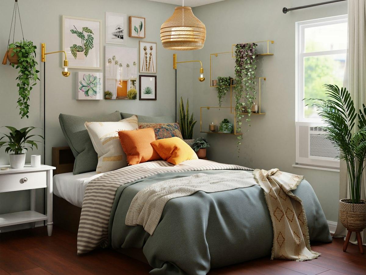 Bedroom with layered bedding, plants and framed prints